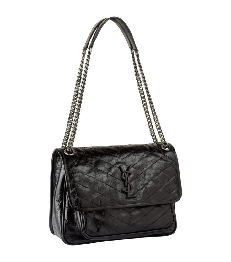 A softly structured addition to Saint Laurent's polished Parisian line-up, the Niki bag is a modern classic. Highlighted with the iconic YSL monogram to the front flap, it is crafted in luxurious crinkled leather for a laid-back feel. Suspended from a chunky chain strap that can be worn long or short, it is fitted with spacious pockets both internally and externally, hosting your day-to-day essentials in sophisticated style. Ysl Purse, Yves Saint Laurent Bags, Womens Handbags, Classic Bags, Saint Laurent Bag, The Chosen, Designer Shoulder Bags, Womens Purses, Medium Bags