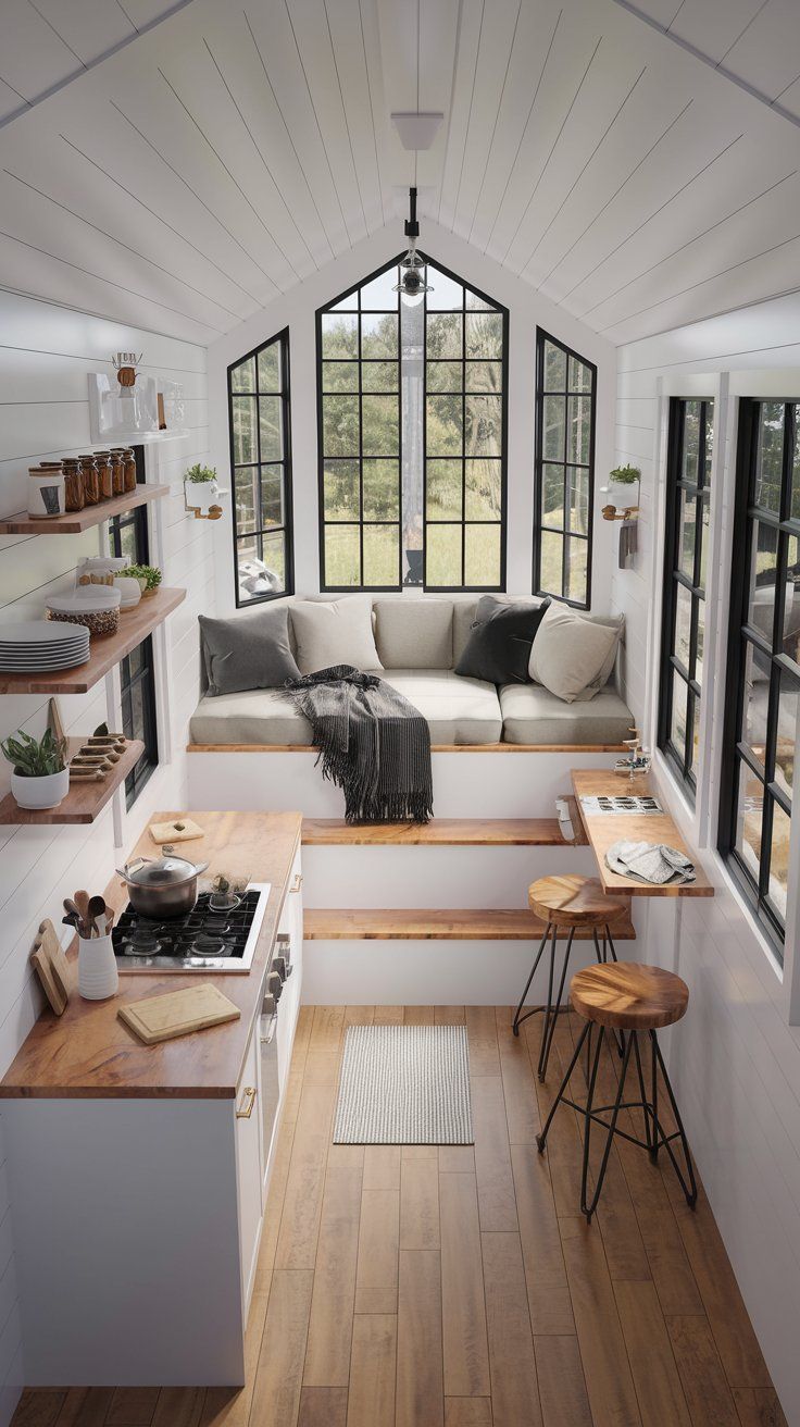 the interior of a tiny house with wood flooring and white walls, wooden steps leading up to an open kitchen area