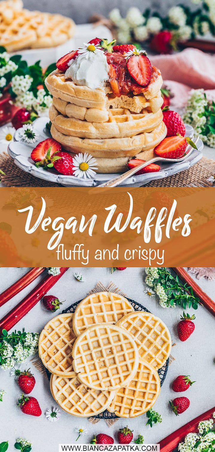 vegan waffles with strawberries and whipped cream on top are the perfect breakfast for two