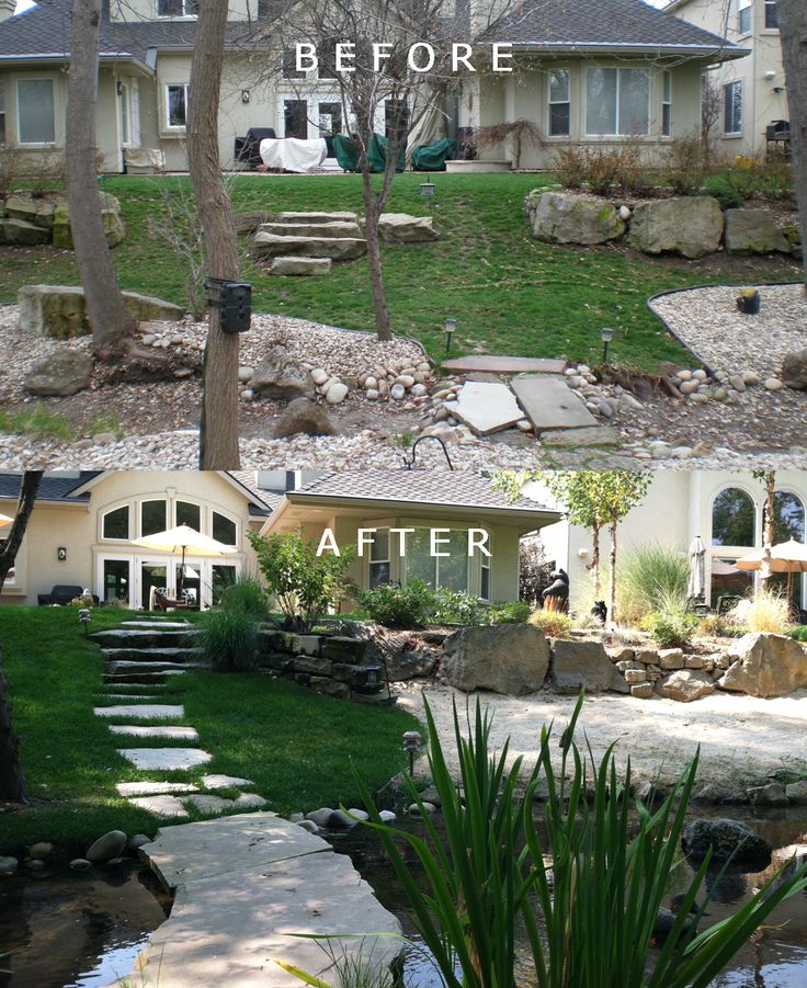 before and after photos of landscaping in front of a house with stone steps leading up to it