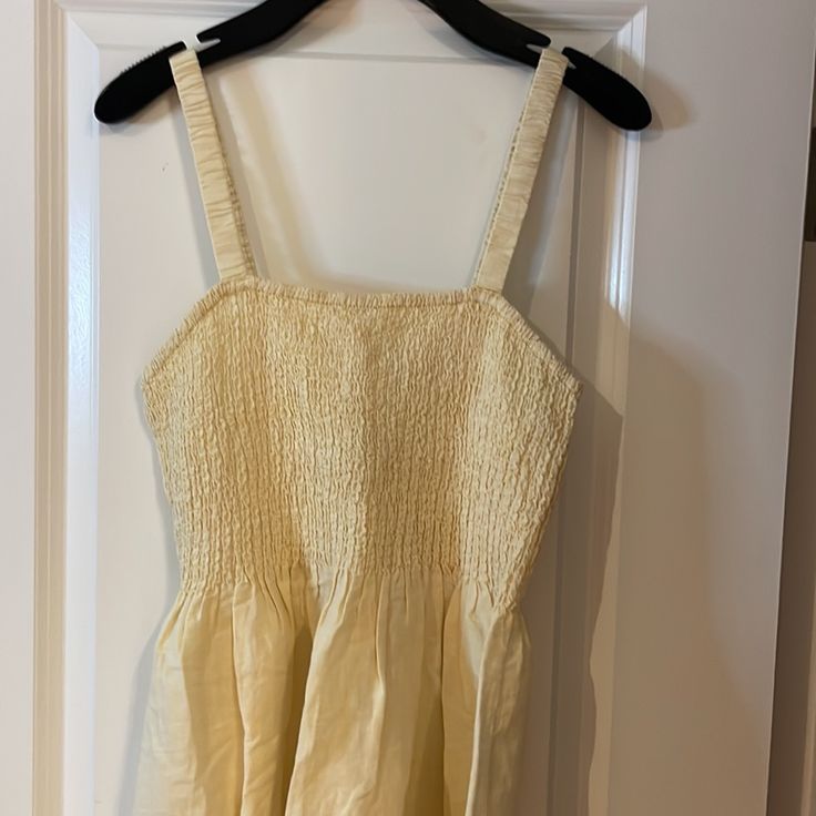 Smocked Beach Dress In Linen Color: Warm Honey Eoe Size Medium Yellow Smocked Dress For Beach, Yellow Summer Smocked Beach Dress, Yellow Summer Smocked Dress, Beach A-line Dress With Smocked Back, Yellow Midi-length Dress With Smocked Back, Linen Color, Beach Dress, Smocking, J Crew