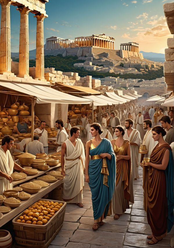 an ancient market with many people shopping for food and bread in front of the acrobatic temple