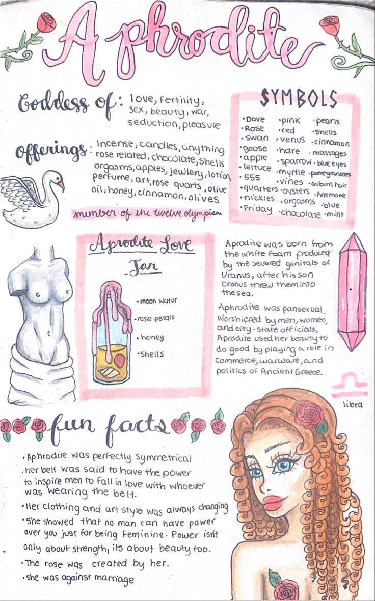 a drawing of a woman's face and body with information about the symbols in her hair