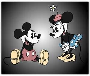 two mickey mouses sitting next to each other in front of a black background with white dots