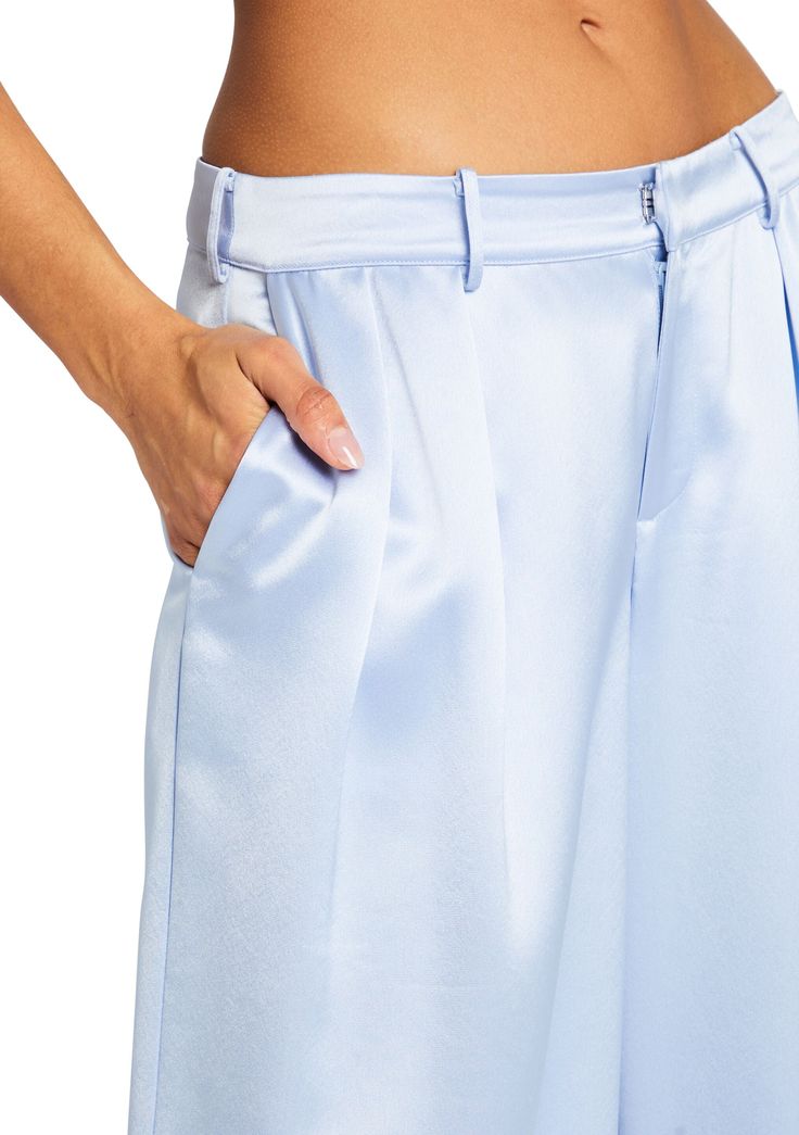 Wide leg trousers with belt loops and pleats at the waist. Mid-rise fit. Shown here in Ice Blue. 76% Acetate, 24% Polyester Made in China Model is 5'10" wearing size S Style No. 3887-14 Trousers With Belt, Australia Clothes, Silk Bra, Denim Pant, Silk Top, Ice Blue, Luxury Outfits, Wide Leg Trousers, Mid Rise