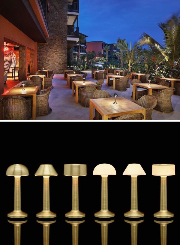 an outdoor dining area with tables, chairs and lamps on the outside patio at night