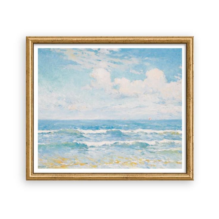 an oil painting on canvas of the ocean with clouds in the sky and blue water