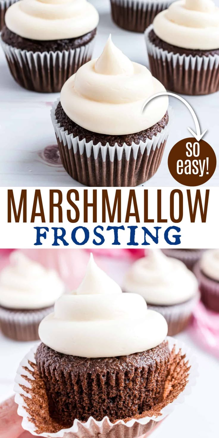 chocolate cupcakes with white frosting on top and the words marshmallow frosting above them