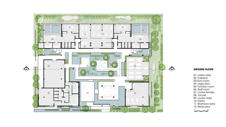 the floor plan for an apartment building with several rooms and two bathrooms, including a swimming pool