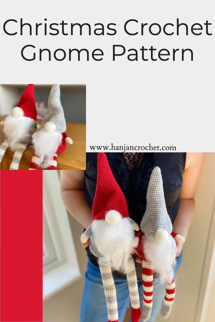 two crocheted gnomes with red and white hats