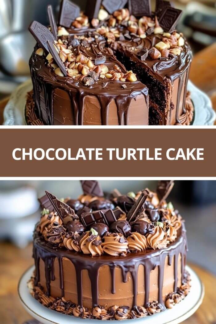 chocolate turtle cake on a plate with the words chocolate turtle cake above it