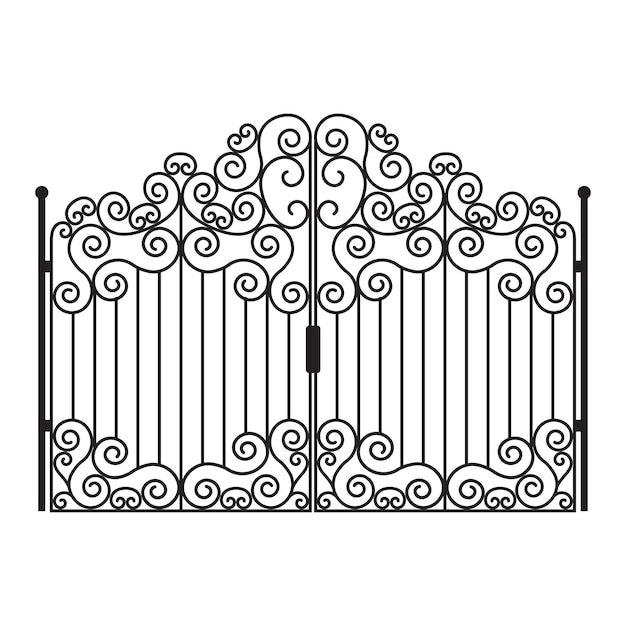 an iron gate with swirly designs on the top and bottom, in black against a white background