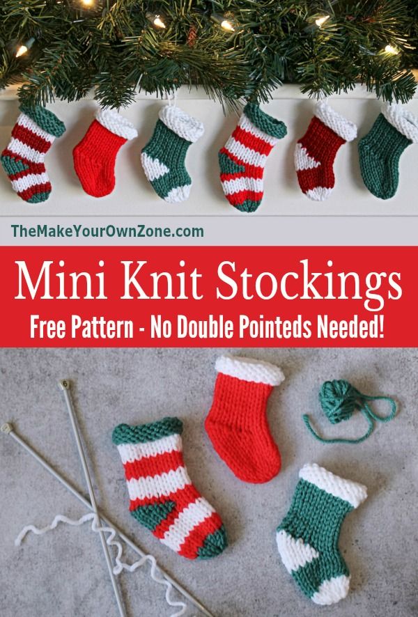 knitted stockings and needles with text overlay that reads, mini knit stockings free pattern - no double pointed needles needed