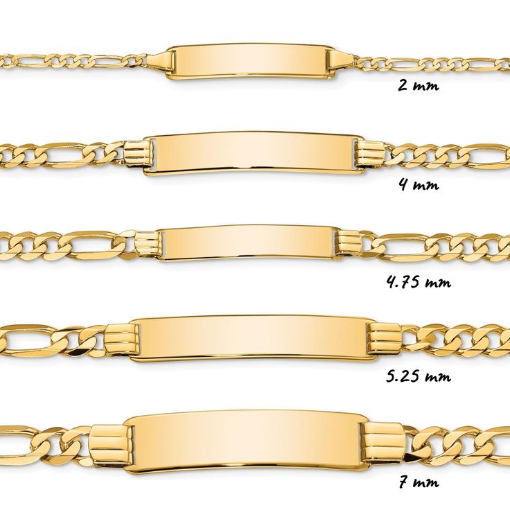 "These beautiful bracelets are available in Solid 14K Yellow Gold! Figaro Chains are all the rage, and these are the best quality at the lowest prices! We have multiple lengths and thicknesses to meet any preference! These chains are authentic 14K Yellow Gold, with no filler! We would be happy to assist in finding you additional lengths or widths, send us a message today! Total Approximate Weights, Plate Dimensions, and Max Engravable Characters (per side): 2.0 mm Chain Width: Engraving: 1 line, Classic Nameplate Bracelet Tarnish Resistant, Classic Tarnish Resistant Nameplate Bracelets, Classic Engraved Rectangular Bracelets, Classic Yellow Gold Nameplate Bracelets, Elegant Nameplate Figaro Chain Jewelry, Yellow Gold Nameplate Bracelet With Engraving Option, Rectangular Gold Bracelet With Polished Finish, Rectangular Gold Engraved Bracelets, Engravable Nameplate Bracelet In Yellow Gold