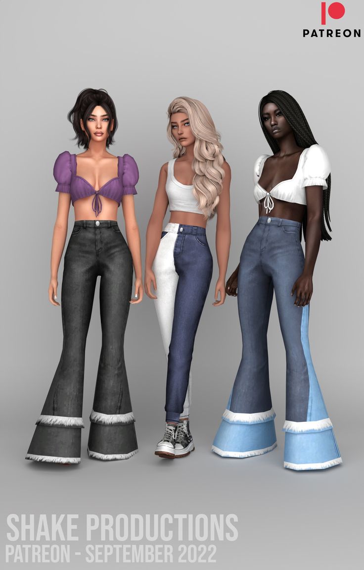 three women in jeans and bra tops standing next to each other with the caption shake production