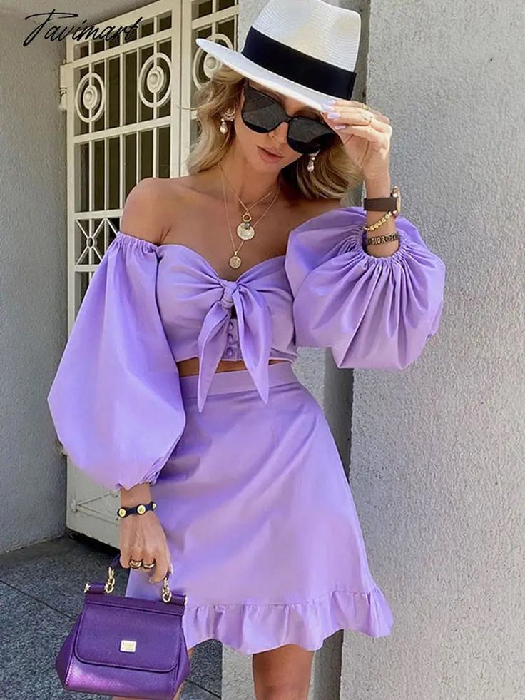 Tavimart Women’s Two - Piece Summer 100% Cotton Shirt Bubble Long Sleeve One - Line Neck Short Fitted Long Sleeve Sets For Brunch, Purple Long Sleeve Sets For Summer, Purple Long Sleeve Summer Set, Fitted Purple Sets For Spring, Fitted Purple Spring Sets, Spring Purple Fitted Sets, Purple Vacation Sets For Spring, Purple Spring Vacation Sets, Chic Purple Spring Sets