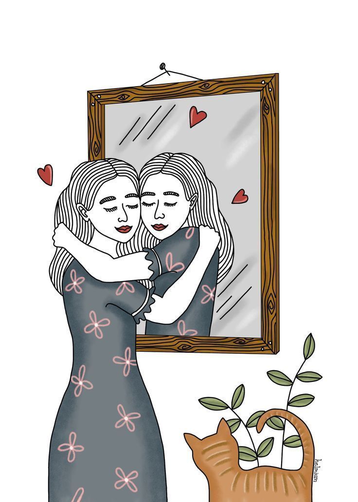 two women hugging each other in front of a mirror with hearts on it and a cat looking at them