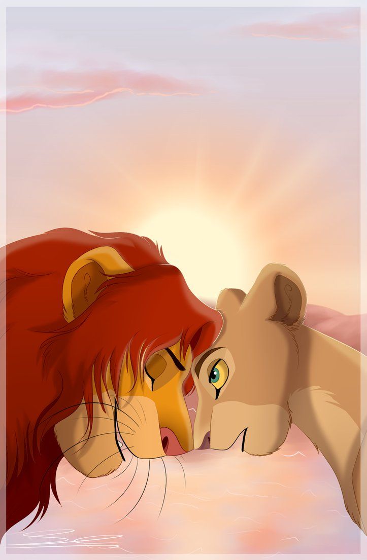 the lion and cub are kissing each other in front of a pink sky with clouds