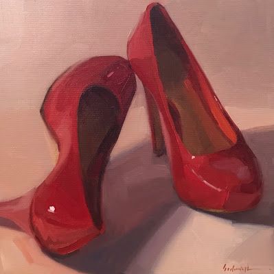 a painting of two red high heel shoes