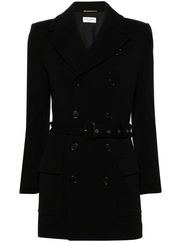 black virgin wool blend notched lapels double-breasted button fastening belted waist front buckle fastening two front flap pockets long sleeves straight hem Style Moodboard, Lapel Blazer, Blazer Black, Black Blazers, Colored Blazer, Outerwear Women, Flap Pocket, Double Breasted, Blazer Jacket