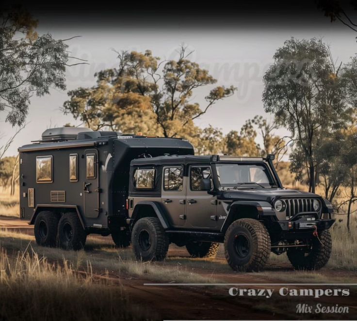 an off - road vehicle parked in the middle of a field with trees behind it