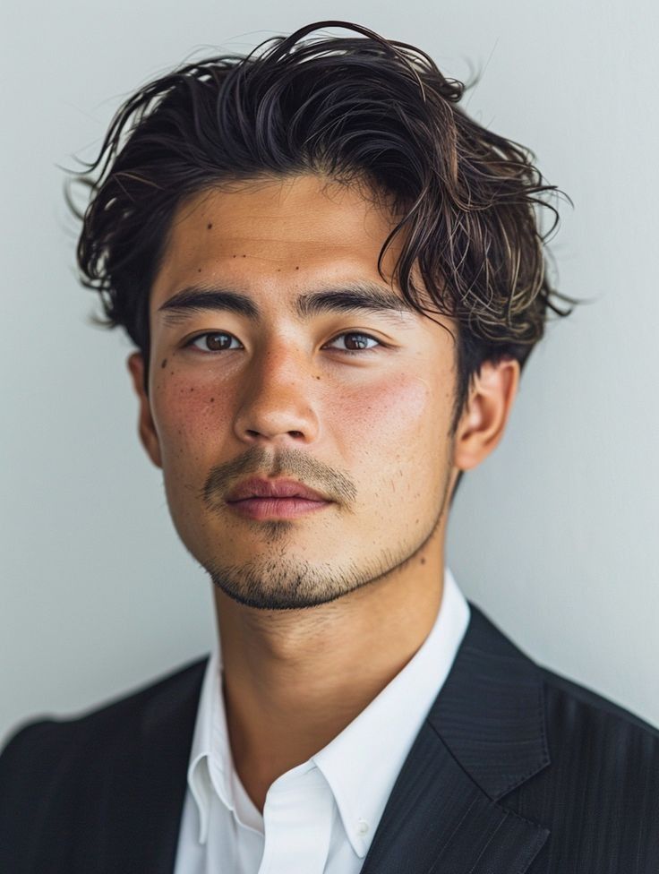 a young man in a black suit and white shirt looks at the camera with serious expression on his face