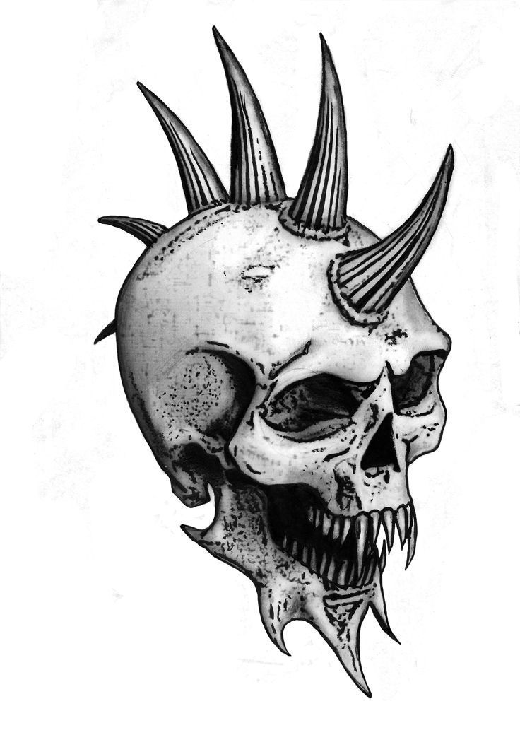 a black and white drawing of a skull with spiked horns