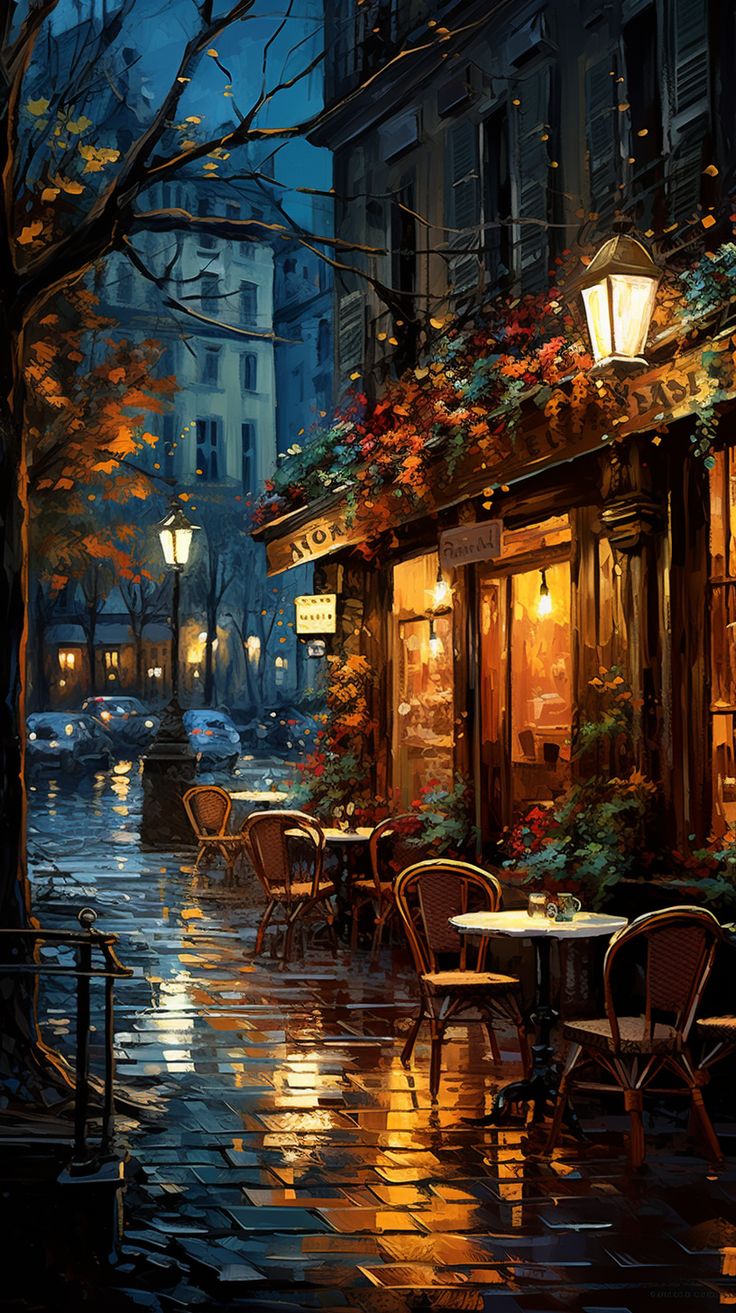 a painting of an outdoor cafe at night