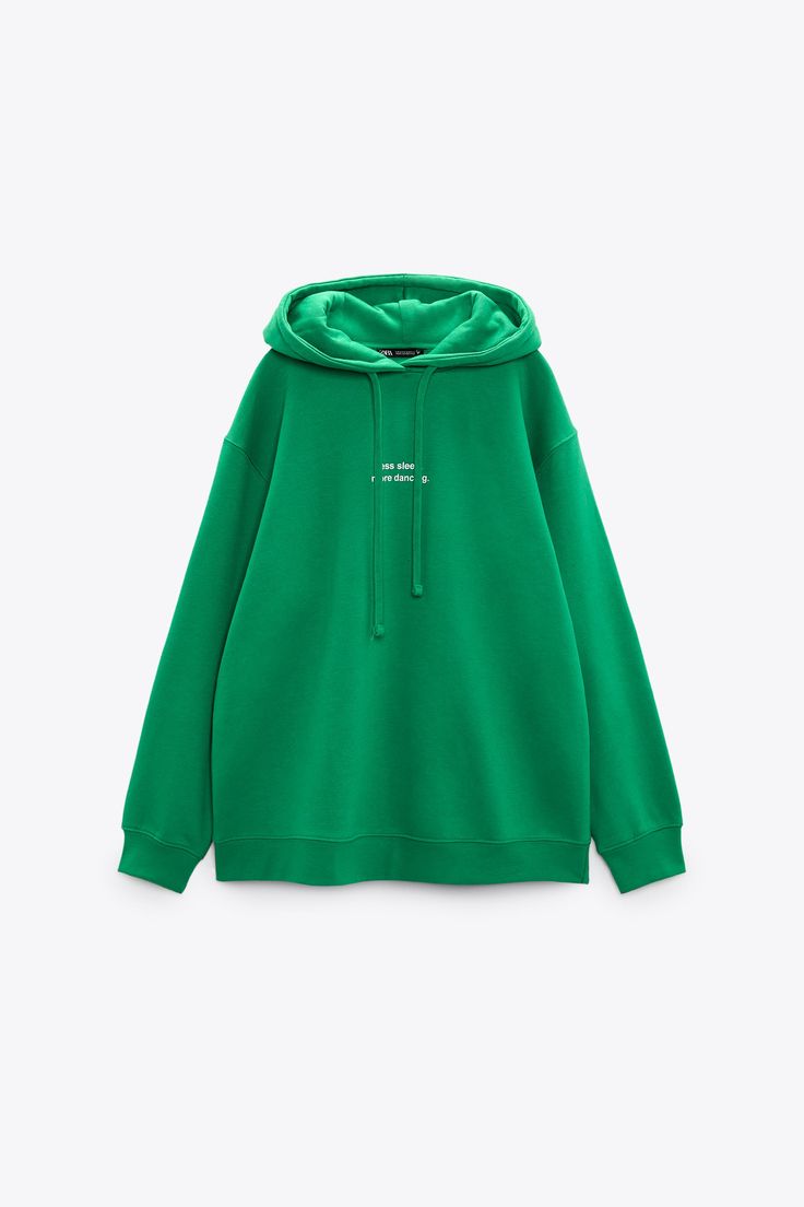 TEXT PRINT HOODED SWEATSHIRT - Green | ZARA United States Sweatpants And Hoodie, Ribbed Hoodie, Green Sweatpants, Basic Hoodie, Basic Sweatshirt, Text Print, Embroidered Hoodie, Long Sleeve Sweatshirt, Zara United States