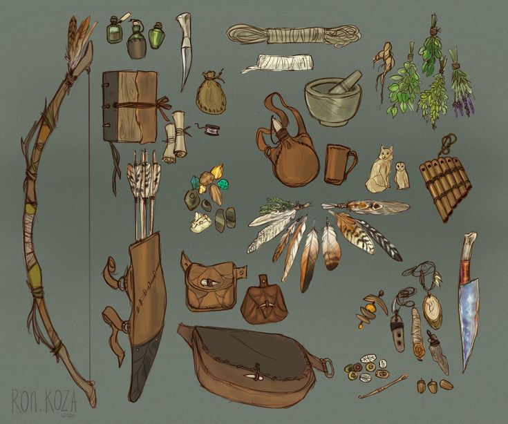 various items are arranged on a gray background, including an arrow and some other things