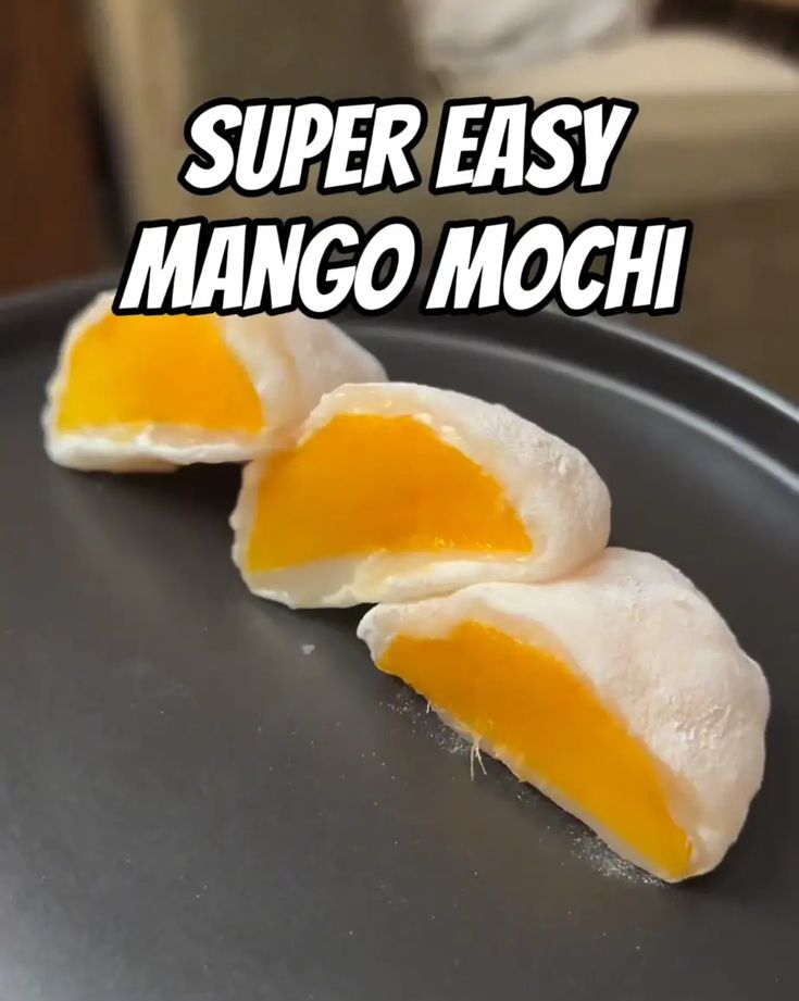 two peeled eggs sitting on top of a metal pan with the words super easy mango mochi