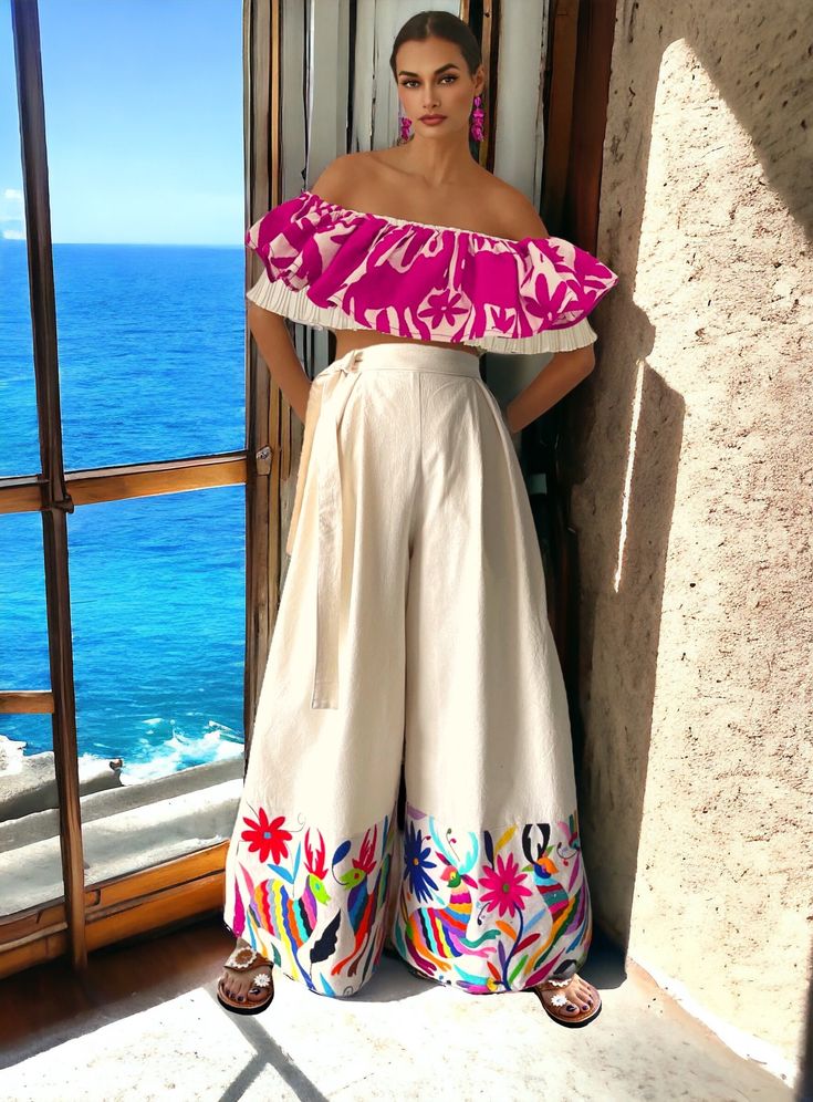 Multicolor Otomi one size fits most Wide Leg palazzo pants - skirt Pants ✔️ embroidery front only. Please if you want embroidery all around, convo 💌 me to quote you total price. 👋🏼 blouse is sold separately Each garment is handmade unique, unrepeatable. Otomi designs may vary from one size to the other. But they all are hand designed and hand embroidered by the wonderful otomi indigenous artisans from Mexico. Impressive piece of art, hand embroidered by indigenous people from Otomi Culture!! Please consider placing your order very fast. I will email you new pictures if the one displayed is sold at our shop before you place the order. This is an authentic, awesome, handcrafted needlework of indigenous families from Tenango de Doria.  ✿ Please click to this link so you can see how a #Tena Modern Mexican Clothing, Anthropology Fashion, Mexican Fashion Modern, Mexican Clothing Style, Mexican Traditional Clothing, South American Style, Mexican Skirt, Pants Embroidery, Indigenous Fashion