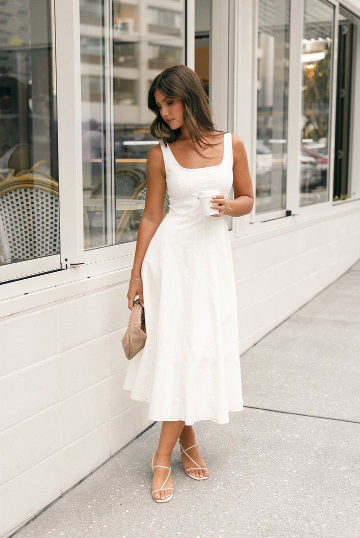 Una Midi Dress - White Rehearsal Dinner Dress For Bride Midi, Bridal Outfits Rehearsal Dinners, Rehearsal Dinner Bride Outfit, Simple Midi Wedding Dress, Rehersal Dinner Dress, Bridal Shower Outfit For Bride, College Graduation Dress, Wedding Rehearsal Outfit, White Dress Midi