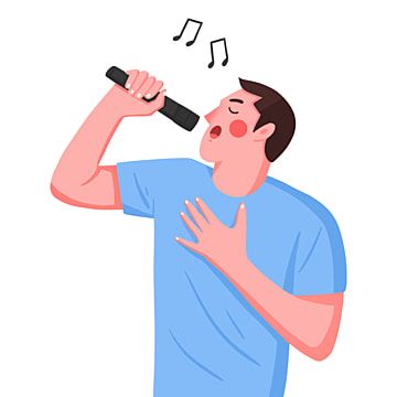 a man singing into a microphone with music notes coming out of it