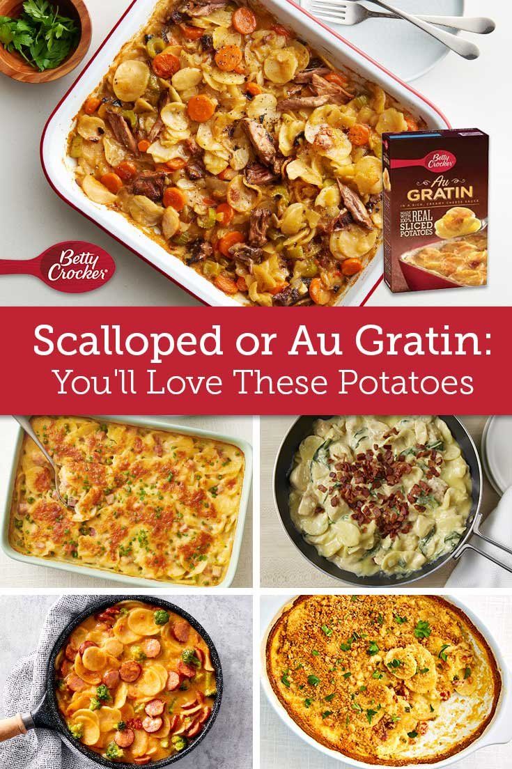 an assortment of baked dishes with text overlay that reads scalloped or au gratin you'll love these potatoes