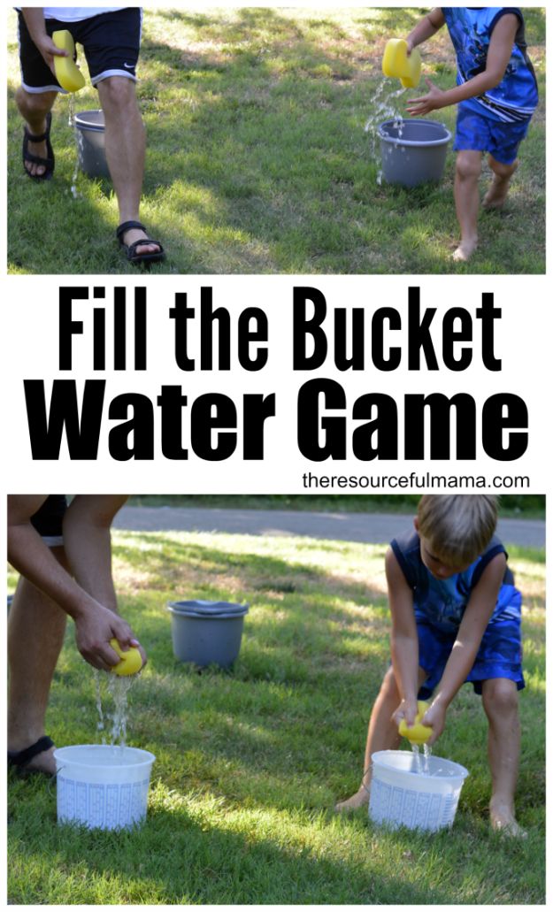 kids are playing with buckets and water in the grass, while another child is holding a