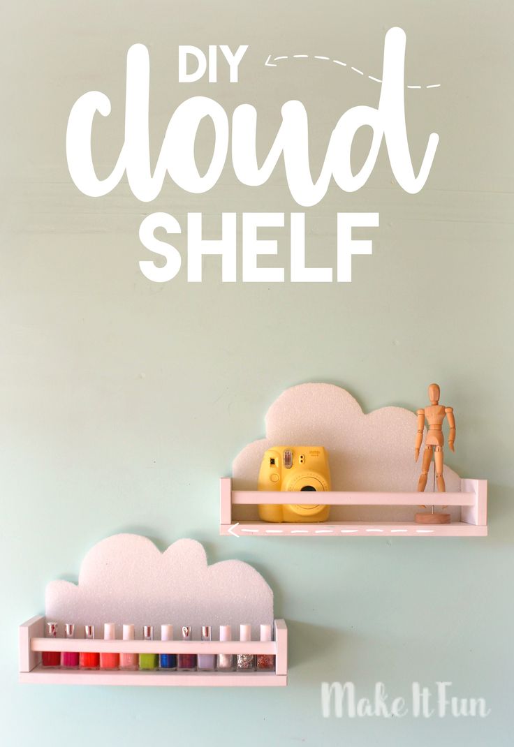 there are two shelves with toys on them and the words diy cloud shelf above it