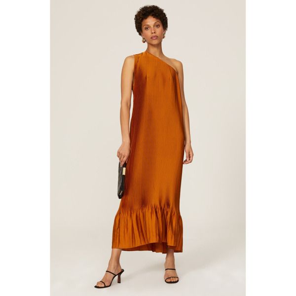 Orange polyester (100% Polyester). Shift. One shoulder. Sleeveless. Pull-on. 53.5" from shoulder to hemline. Imported. Vintage Glam, Rent The Runway, Closet Designs, Pleated Dress, Modern Vintage, One Shoulder, High Neck Dress, That Look, Orange