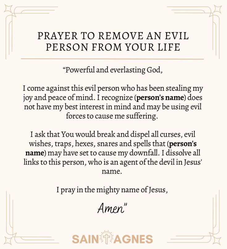 a prayer card with the words prayer to remove an evil person from your life