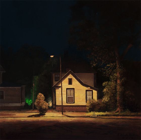 a painting of a yellow house at night