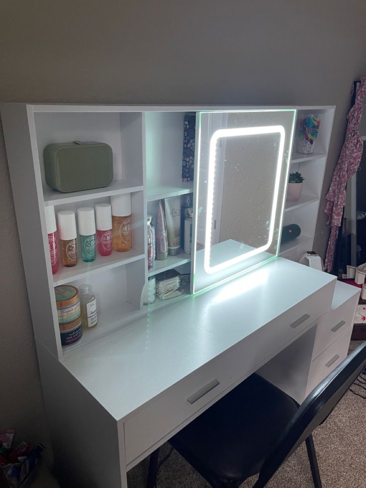 White vanity for teen bedroom Vanity With Sliding Mirror, Desks With Mirrors, Bedroom Vanity Lighting Ideas, Vanity Ideas Bedroom With Shelves, Vanity Storage Ideas Bedroom, Teen Girl Vanity Ideas, Desk With Mirror Vanity Ideas, Vanity For Girls Room, Aesthetic Vanity Ideas Bedroom