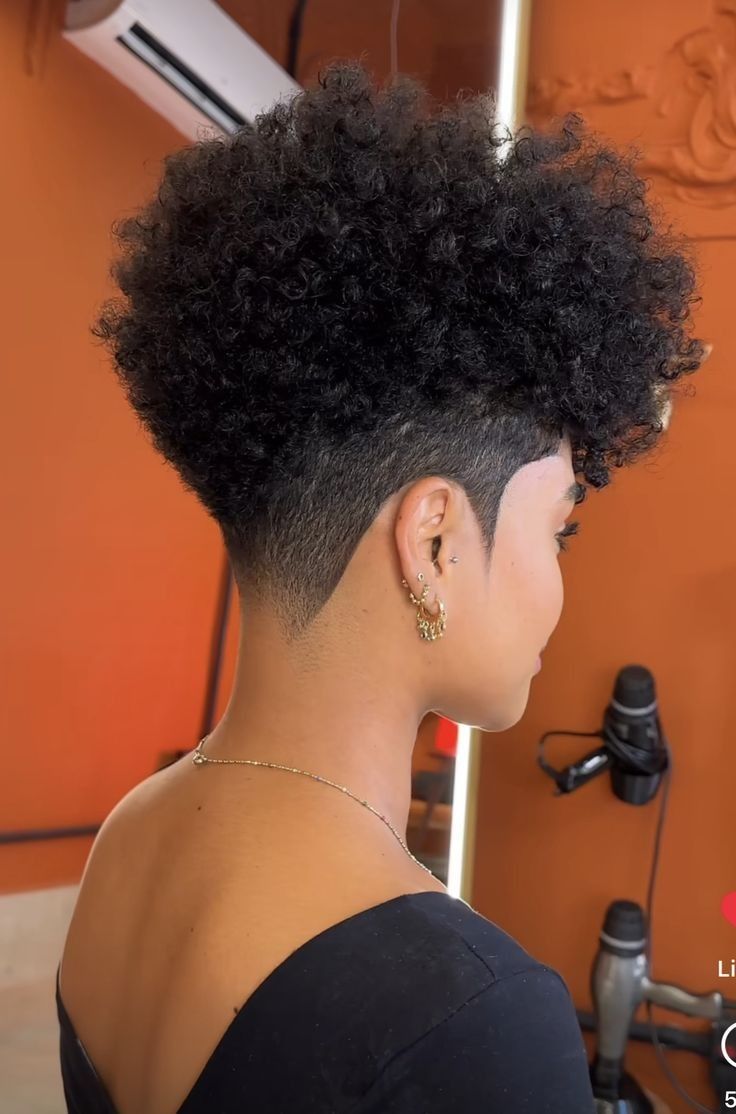 Curly Fades Women, Faded Curly Haircut Women, Curly High Top Fade Black Women, Tapered Natural Hairstyles For Black Women, Undercut Hairstyle Black Woman, Natural Undercut Hairstyles Black Women, Fade Hairstyles For Black Women, Black Women Tapered Natural Hair, Tapered Women Haircut