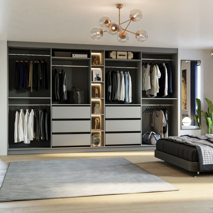 a bedroom with a bed, dresser and closets in it's center area