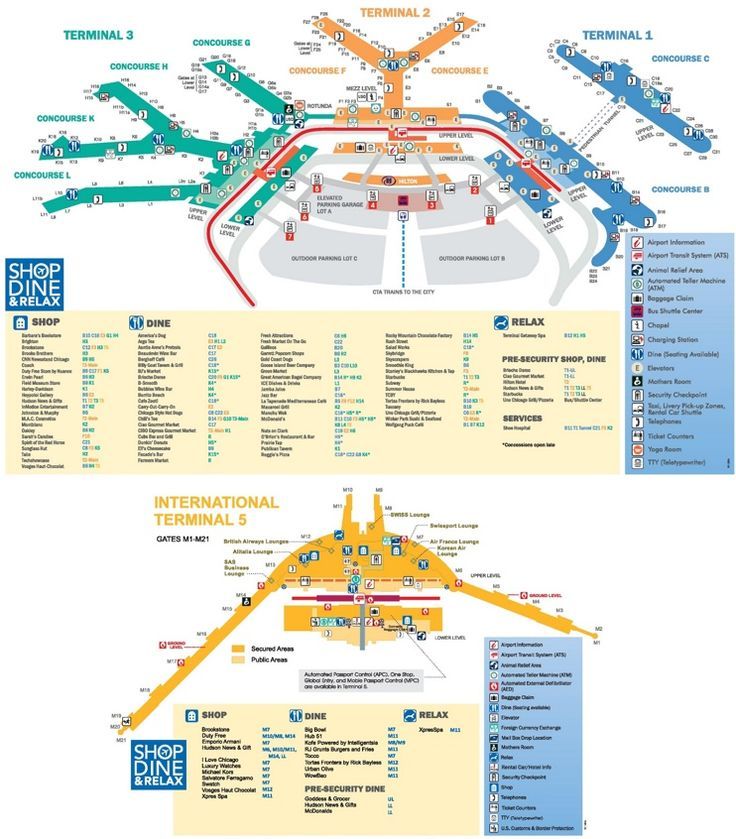 an airport map with the names and directions for each terminal, including several different areas