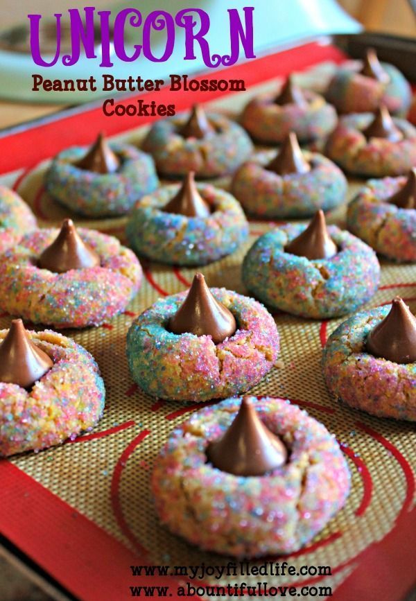 unicorn peanut butter blossom cookies with sprinkles and chocolate