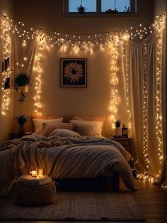 a bedroom with lights strung over the bed