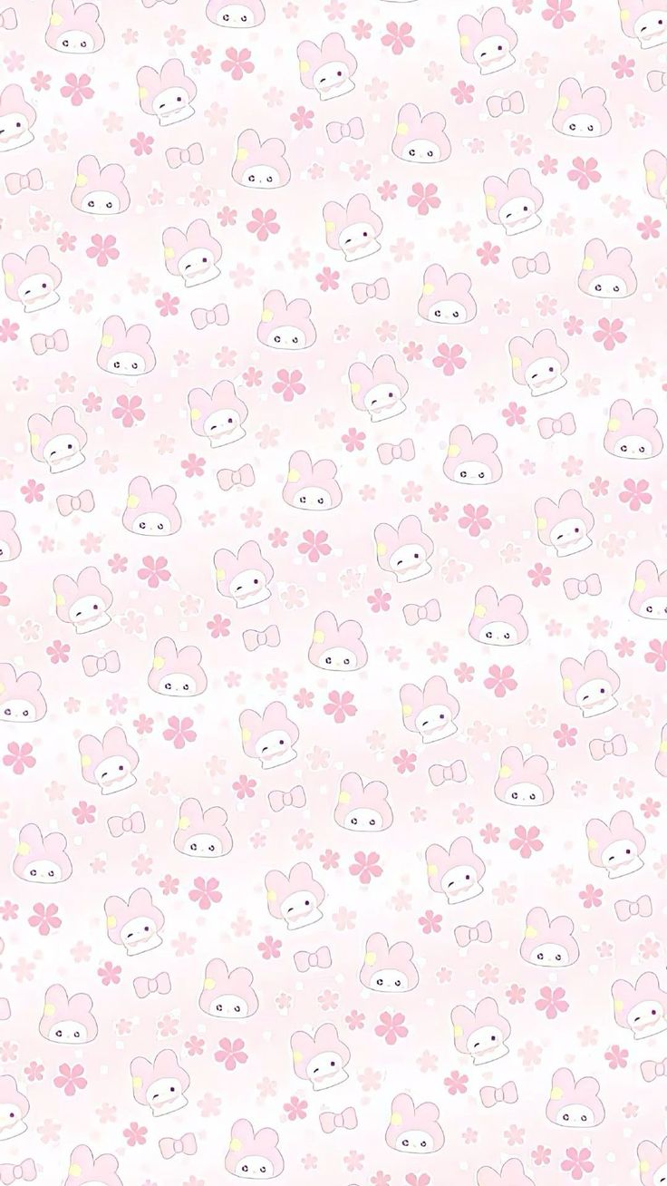 pink and white wallpaper with bunny ears, flowers and stars on it's side