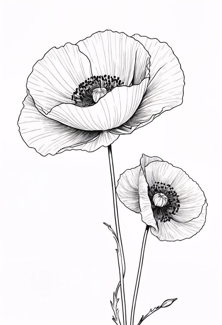 Premium Photo | A drawing of poppy flowers coloring book illustration Drawing Of Poppy Flower, Drawings Of Poppies, How To Draw A Poppy Flower Step By Step, Poppy Line Drawing, Poppies Drawing, Poppy Sketch, Poppy Pictures, Poppies Illustration, Printable Drawings