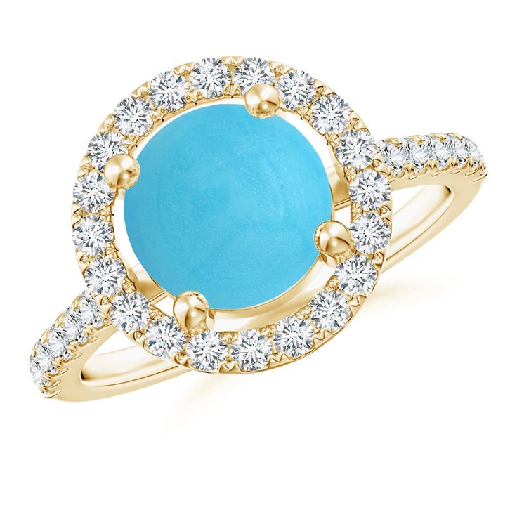 Floating amid a brilliant halo is a round turquoise in prong setting. The shimmering diamonds encrusted around the vibrant blue gem and on the shank lend a luxurious appeal. This beautiful turquoise ring is crafted in 14k yellow gold. Ring With Diamond, Blue Gems, Turquoise Rings, Vibrant Blue, Halo Ring, Halo Rings, Prong Setting, Turquoise Ring, Halo