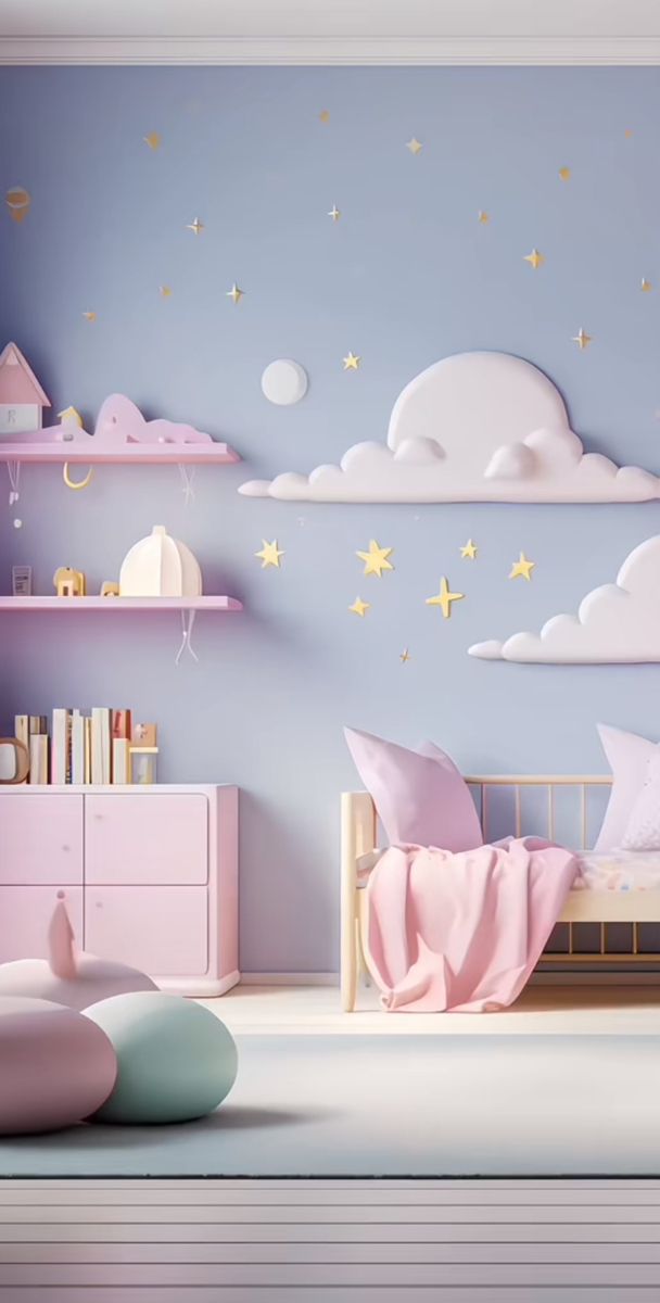 a child's bedroom decorated in pastel colors with stars and clouds on the wall